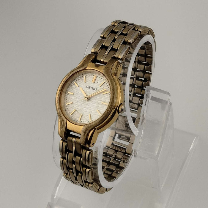 I Like Mikes Mid Century Modern Watches Seiko Petite Gold Tone Watch, Quilted Face Detail, Bracelet Strap