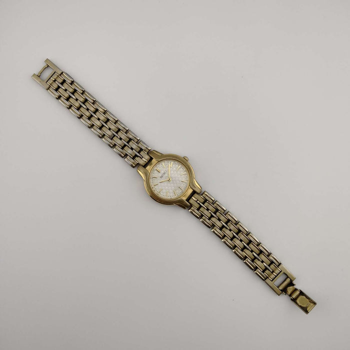 I Like Mikes Mid Century Modern Watches Seiko Petite Gold Tone Watch, Quilted Face Detail, Bracelet Strap