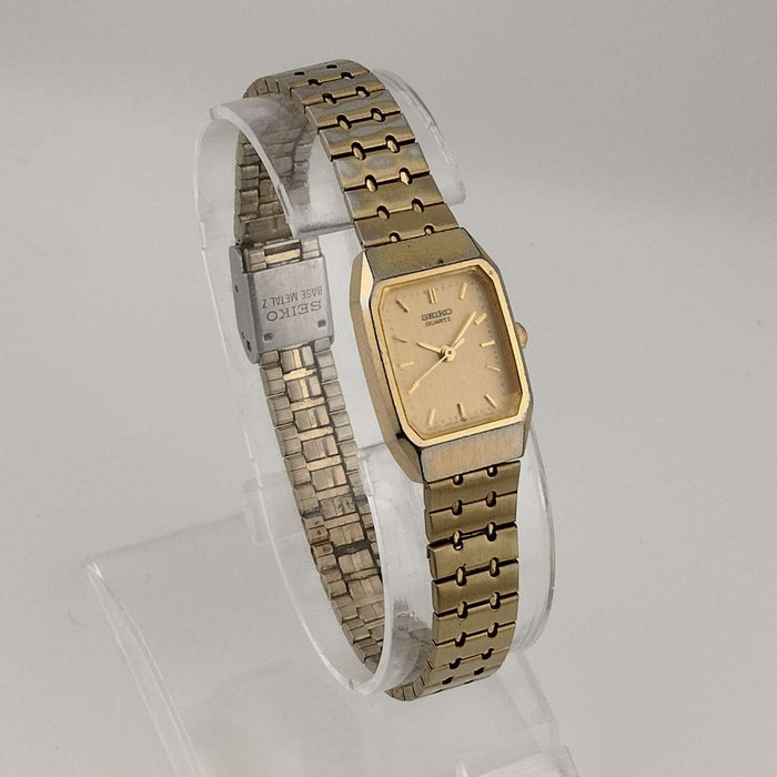 I Like Mikes Mid Century Modern Watches Seiko Quartz Petite Watch, All Gold Tone, Elongated Octagonal Dial, Adjustable Bracelet Strap