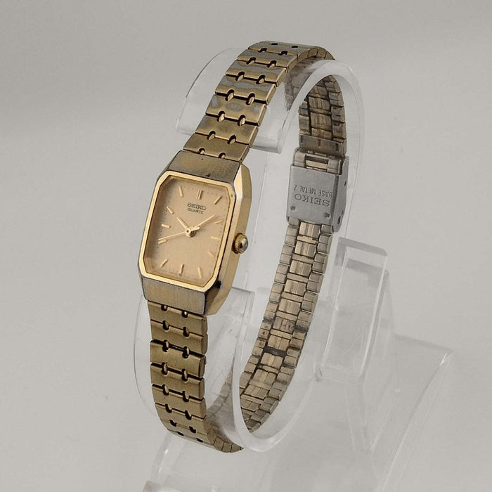 I Like Mikes Mid Century Modern Watches Seiko Quartz Petite Watch, All Gold Tone, Elongated Octagonal Dial, Adjustable Bracelet Strap
