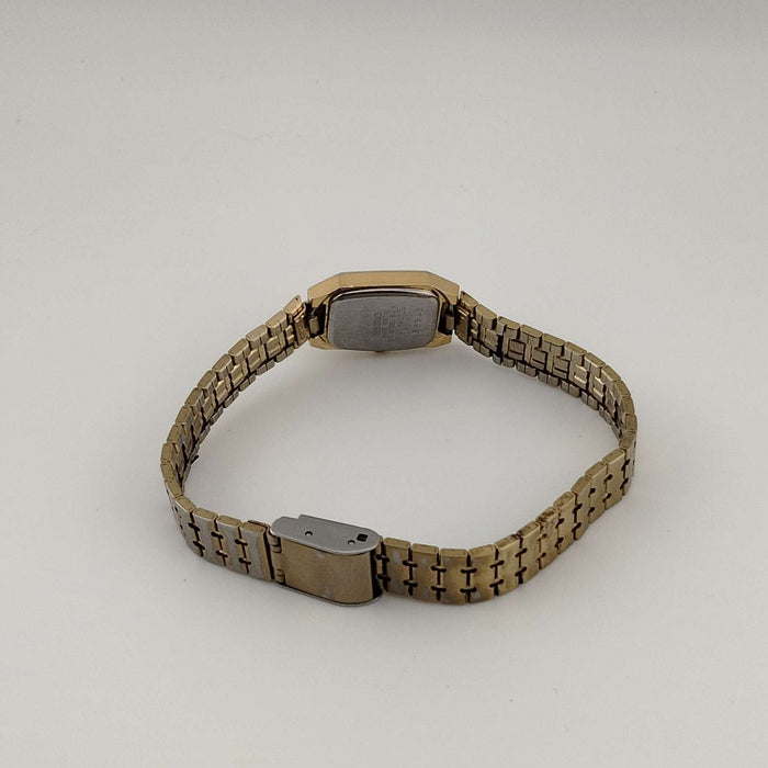 I Like Mikes Mid Century Modern Watches Seiko Quartz Petite Watch, All Gold Tone, Elongated Octagonal Dial, Adjustable Bracelet Strap
