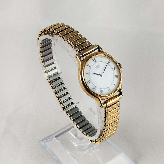 I Like Mikes Mid Century Modern Watches Seiko Round Woman's Watch, Gold Tone, White Face, Stretch Strap