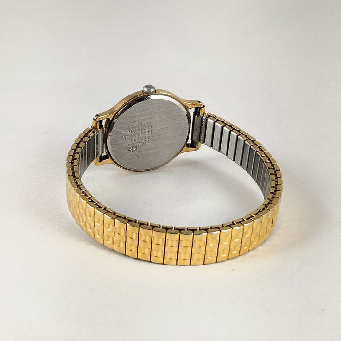 I Like Mikes Mid Century Modern Watches Seiko Round Woman's Watch, Gold Tone, White Face, Stretch Strap