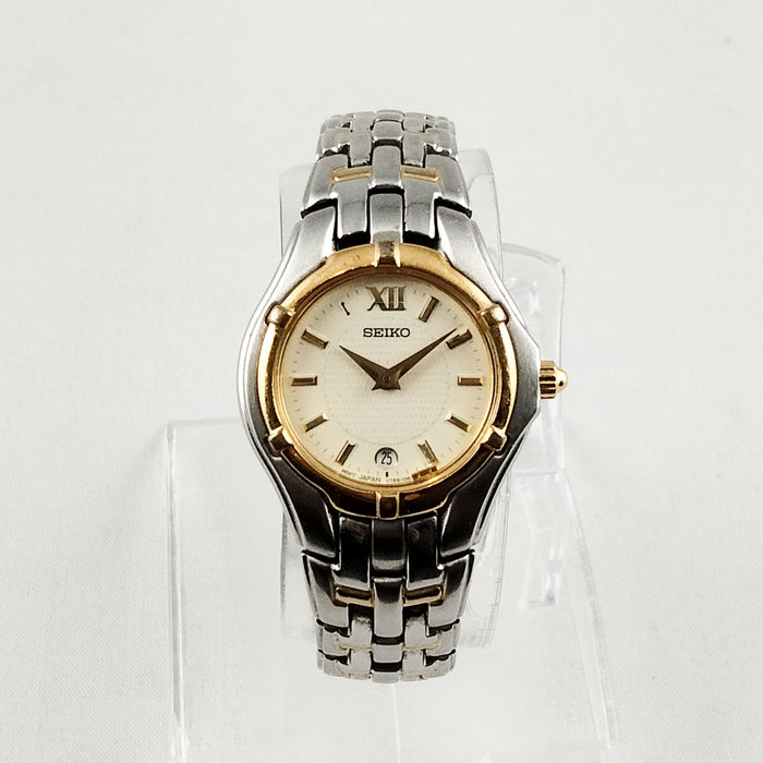 I Like Mikes Mid Century Modern Watches Seiko Unisex Silver and Gold Tone Watch, Date Window, Bracelet Strap
