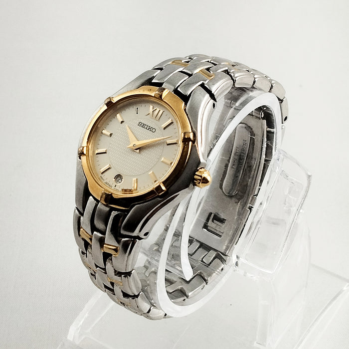 I Like Mikes Mid Century Modern Watches Seiko Unisex Silver and Gold Tone Watch, Date Window, Bracelet Strap