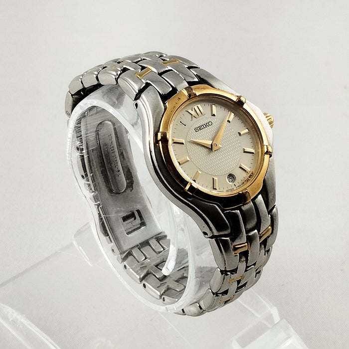 I Like Mikes Mid Century Modern Watches Seiko Unisex Silver and Gold Tone Watch, Date Window, Bracelet Strap