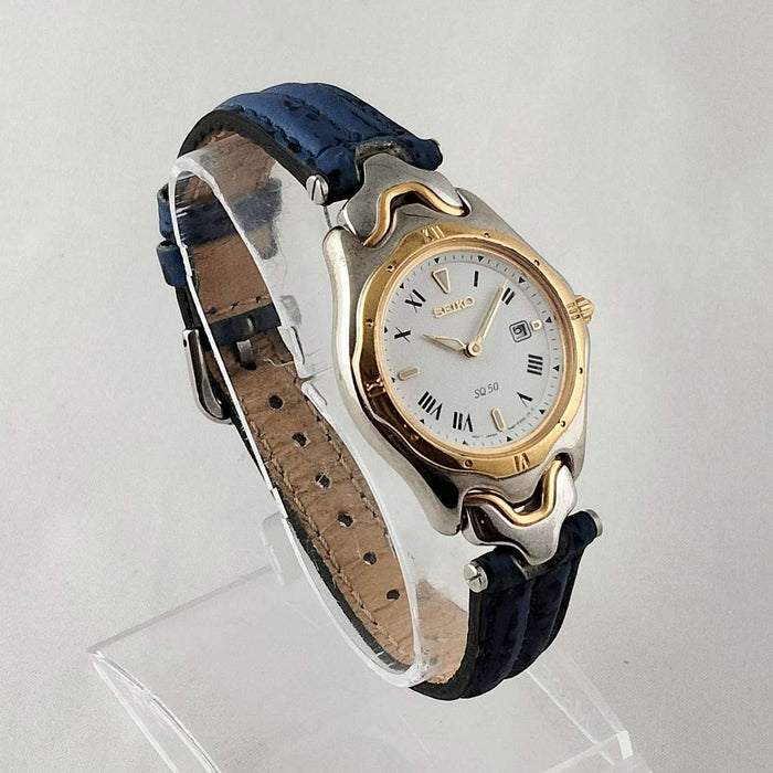 I Like Mikes Mid Century Modern Watches Seiko Unisex Watch, White Dial, Blue and Black Leather Strap
