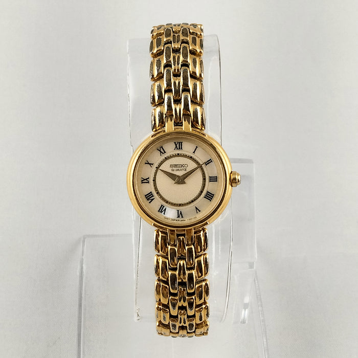 I Like Mikes Mid Century Modern Watches Seiko Women's Gold Tone Watch, Mother of Pearl Dial Details, Bracelet Strap