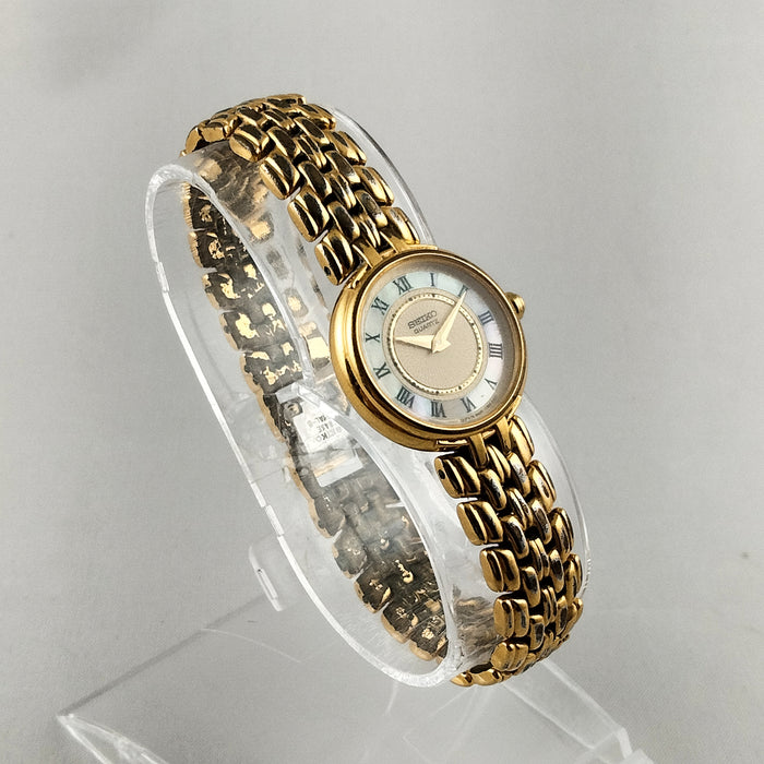 I Like Mikes Mid Century Modern Watches Seiko Women's Gold Tone Watch, Mother of Pearl Dial Details, Bracelet Strap