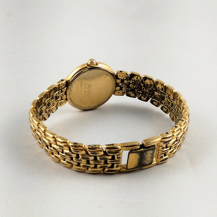 I Like Mikes Mid Century Modern Watches Seiko Women's Gold Tone Watch, Mother of Pearl Dial Details, Bracelet Strap