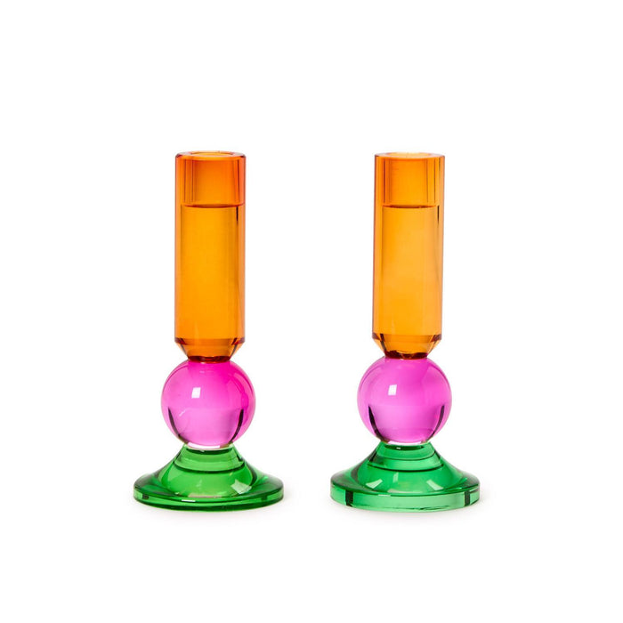 Set of 2 Glass Taper Candlestick Candleholders