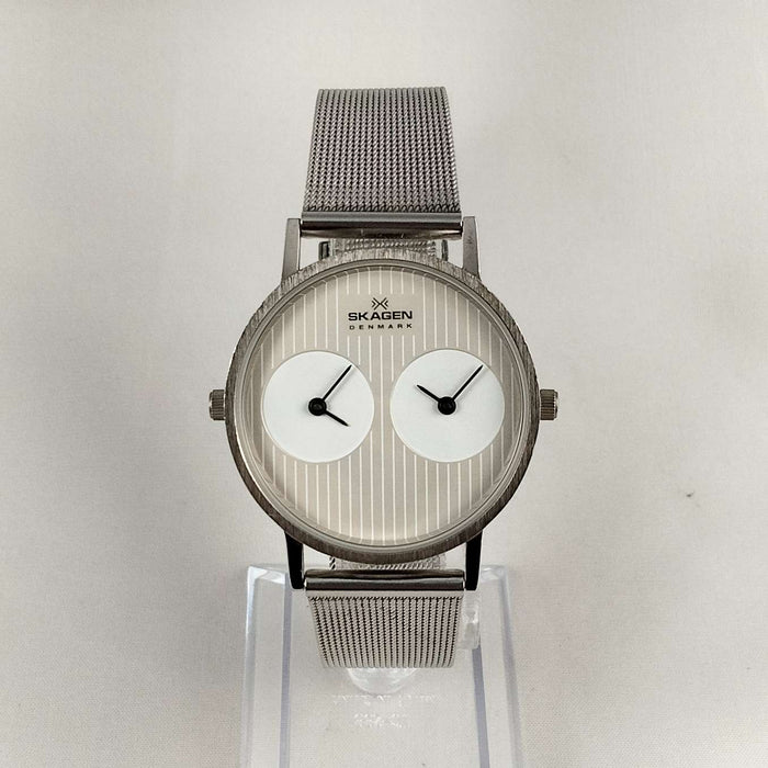 I Like Mikes Mid Century Modern Watches Skagen Men's Watch, Dual Time, Off-White Dial with Vertical Stripes