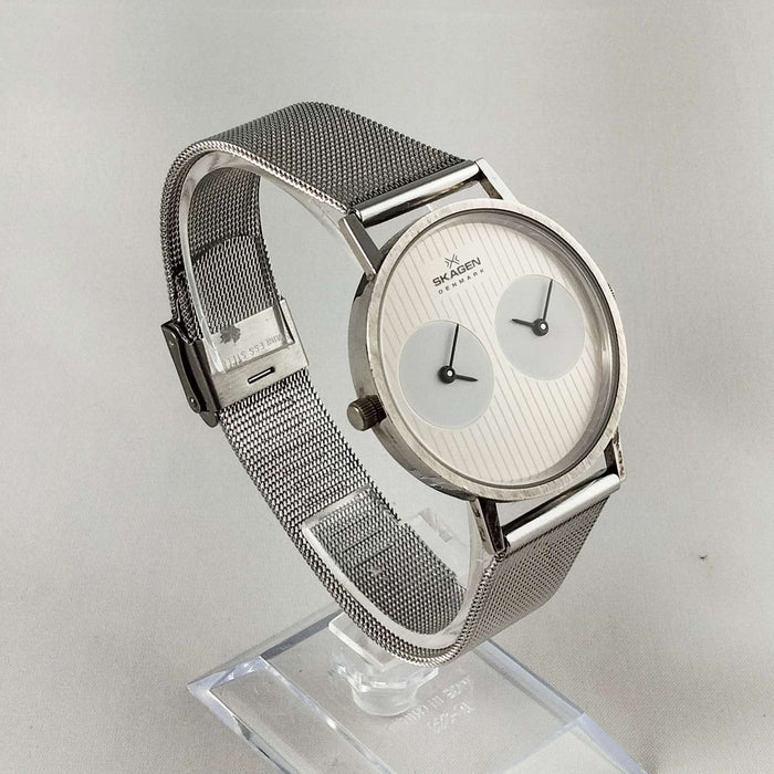 I Like Mikes Mid Century Modern Watches Skagen Men's Watch, Dual Time, Off-White Dial with Vertical Stripes