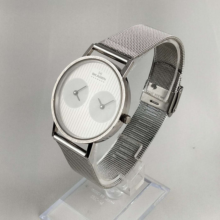 I Like Mikes Mid Century Modern Watches Skagen Men's Watch, Dual Time, Off-White Dial with Vertical Stripes