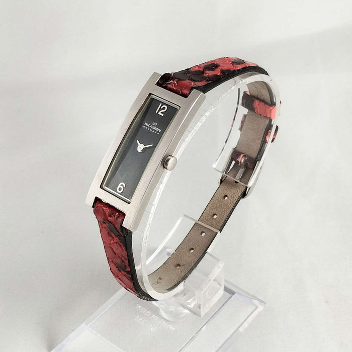 I Like Mikes Mid Century Modern Watches Skagen Petite Watch, Elongated Dial, Red and Black Genuine Calfskin Strap