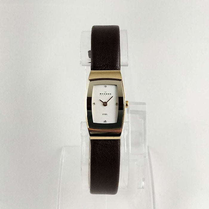 I Like Mikes Mid Century Modern Watches Skagen Petite Watch, Jewel and Gold Tone Details, Brown Genuine Leather Strap