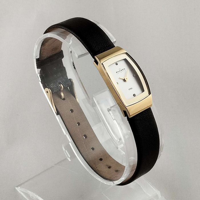 I Like Mikes Mid Century Modern Watches Skagen Petite Watch, Jewel and Gold Tone Details, Brown Genuine Leather Strap