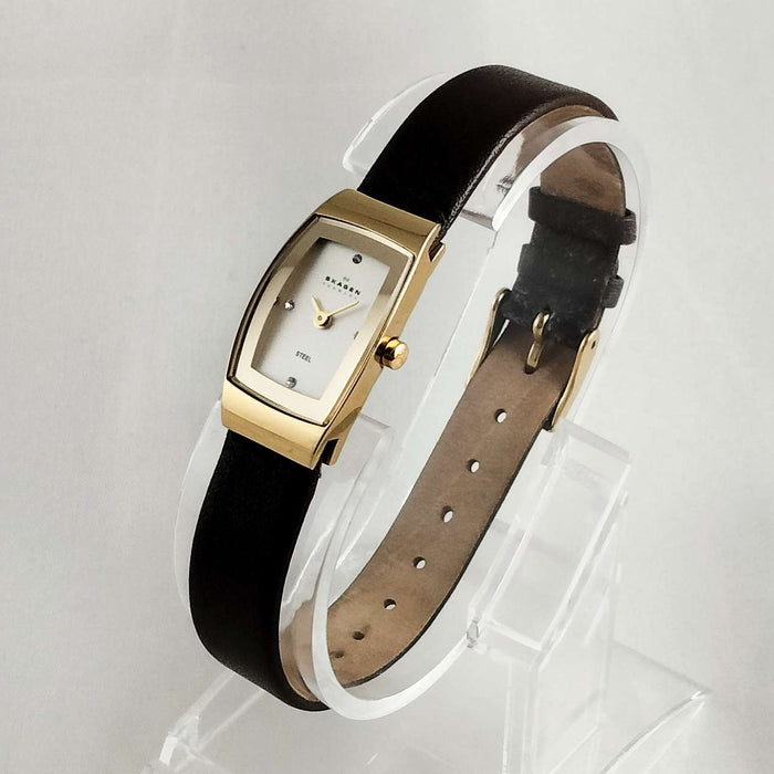 I Like Mikes Mid Century Modern Watches Skagen Petite Watch, Jewel and Gold Tone Details, Brown Genuine Leather Strap