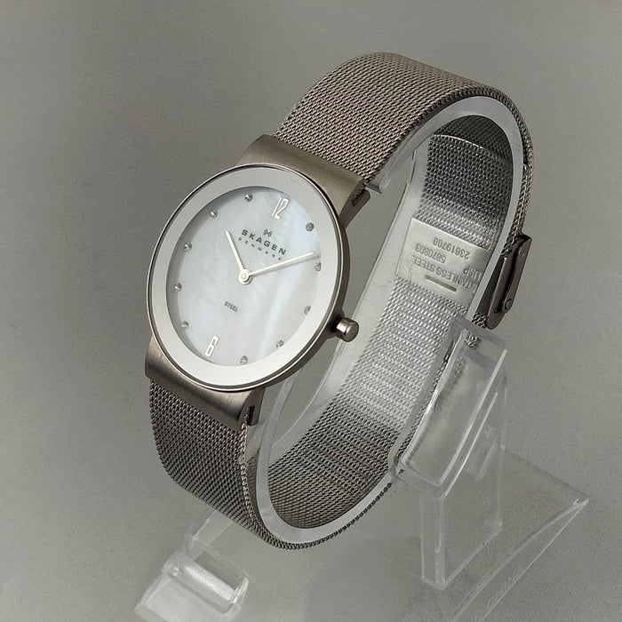 I Like Mikes Mid Century Modern Watches Skagen Unisex Stainless Steel Watch, Mother of Pearl Dial, Jewel Hour Markers, Mesh Strap