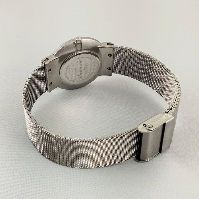 I Like Mikes Mid Century Modern Watches Skagen Unisex Stainless Steel Watch, Mother of Pearl Dial, Jewel Hour Markers, Mesh Strap