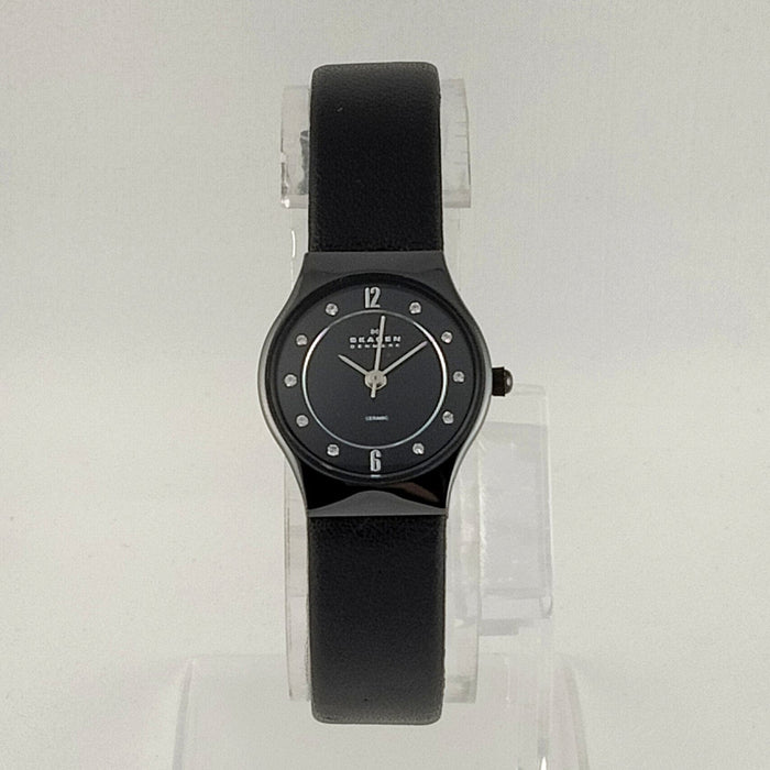 I Like Mikes Mid Century Modern Watches Skagen Women's Ceramic and Stainless Steel Watch, Black Dial with Jewel Hour Markers, Black Genuine Leather Strap
