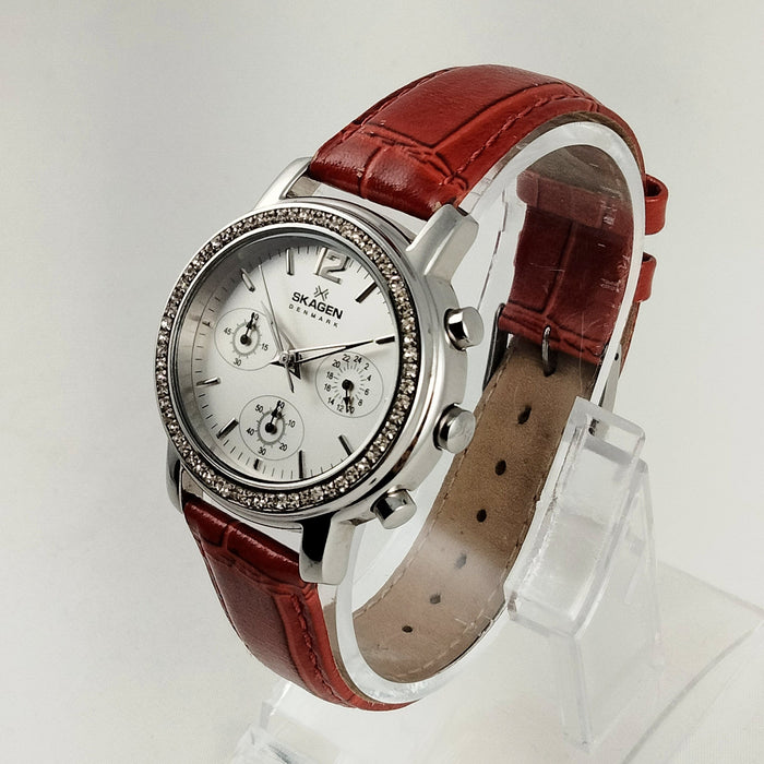 I Like Mikes Mid Century Modern Watches Skagen Women's Stainless Steel Chronograph Watch, Jewel Framed Face, Red Genuine Leather Strap