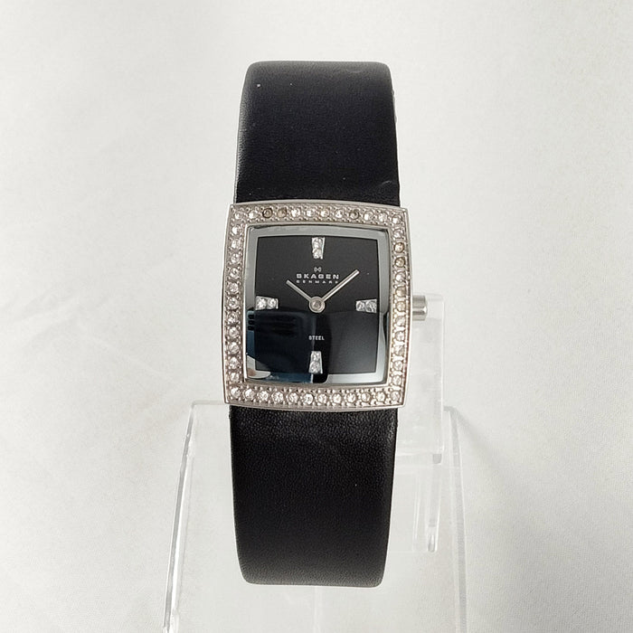 I Like Mikes Mid Century Modern Watches Skagen Women's Stainless Steel Square Watch, Jewel Details, Black Genuine Leather Strap