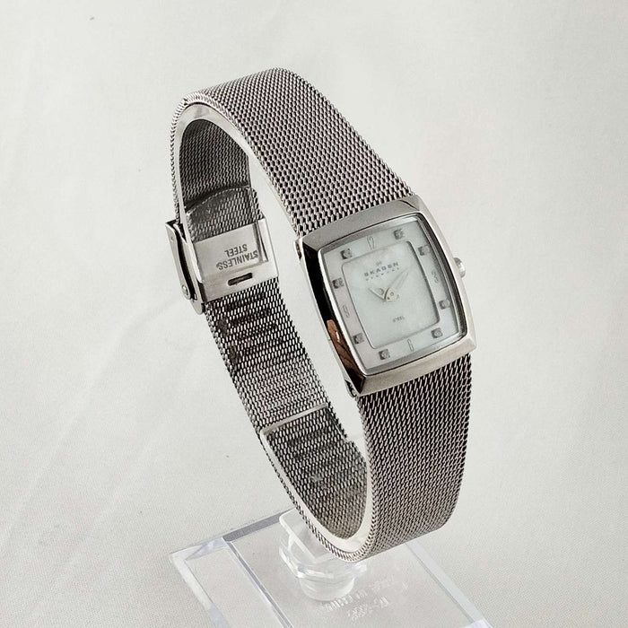 I Like Mikes Mid Century Modern Watches Skagen Women's Watch, Mother of Pearl Dial, Jewel Details, Mesh Strap