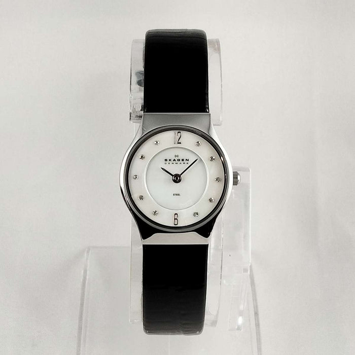 I Like Mikes Mid Century Modern Watches Skagen Women's Watch, Mother of Pearl Dial, Jewel Hour Markers, Black Genuine Patent Leather Strap