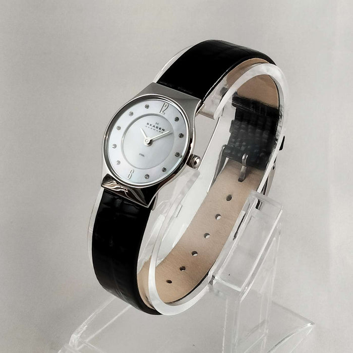 I Like Mikes Mid Century Modern Watches Skagen Women's Watch, Mother of Pearl Dial, Jewel Hour Markers, Black Genuine Patent Leather Strap