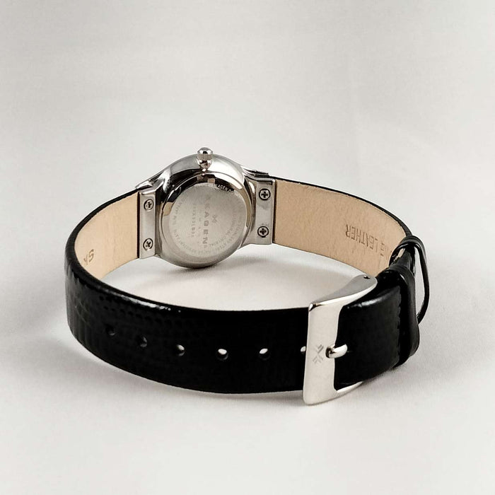 I Like Mikes Mid Century Modern Watches Skagen Women's Watch, Mother of Pearl Dial, Jewel Hour Markers, Black Genuine Patent Leather Strap