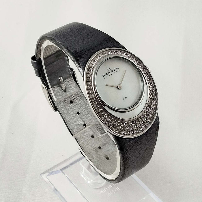 I Like Mikes Mid Century Modern Watches Skagen Women's Watch, Unique Jeweled Face Design, Dark Gray Leather Strap