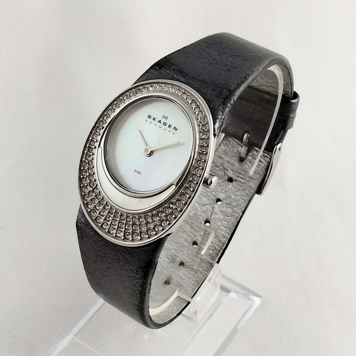 I Like Mikes Mid Century Modern Watches Skagen Women's Watch, Unique Jeweled Face Design, Dark Gray Leather Strap