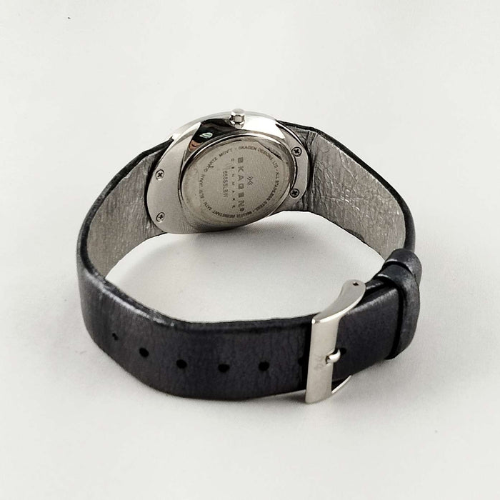 I Like Mikes Mid Century Modern Watches Skagen Women's Watch, Unique Jeweled Face Design, Dark Gray Leather Strap