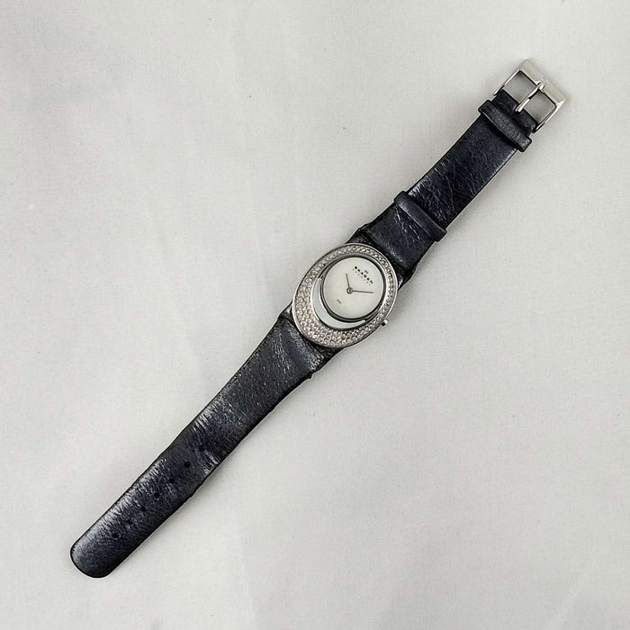 I Like Mikes Mid Century Modern Watches Skagen Women's Watch, Unique Jeweled Face Design, Dark Gray Leather Strap