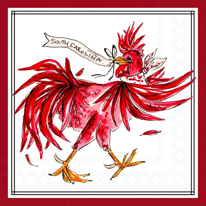 Red rooster illustration with 'South Carolina' banner on a red border