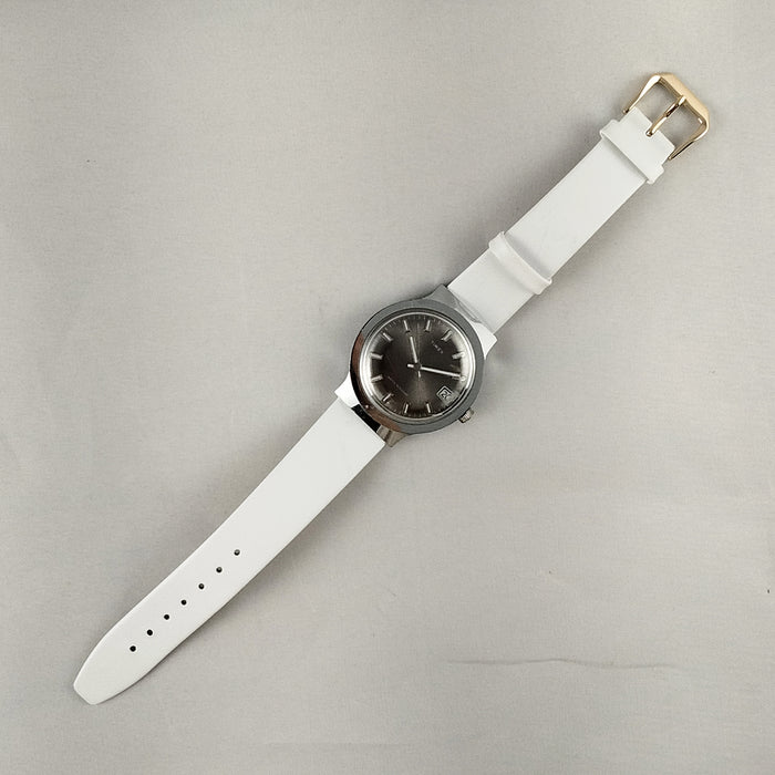 I Like Mikes Mid Century Modern Watches Timex Unisex Watch, Large Dark Metal Dial, White Leather Strap