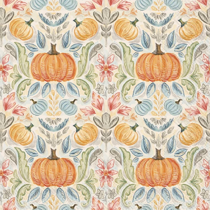 A repeating autumn floral pattern featuring orange pumpkins, blue gourds, pink flowers, and muted green leaves on a warm off-white background.