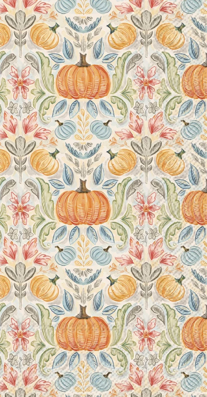 A repeating autumn floral pattern featuring orange pumpkins, blue gourds, and red flowers with green leaves on a cream background.
