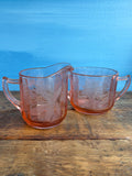 Vintage MCM Pink Floral Depression Glass Set of Creamer & Sugar Bowl