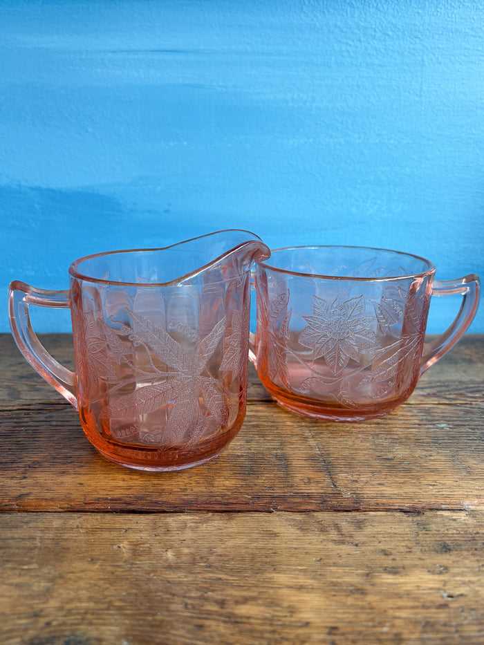 Vintage MCM Pink Floral Depression Glass Set of Creamer & Sugar Bowl