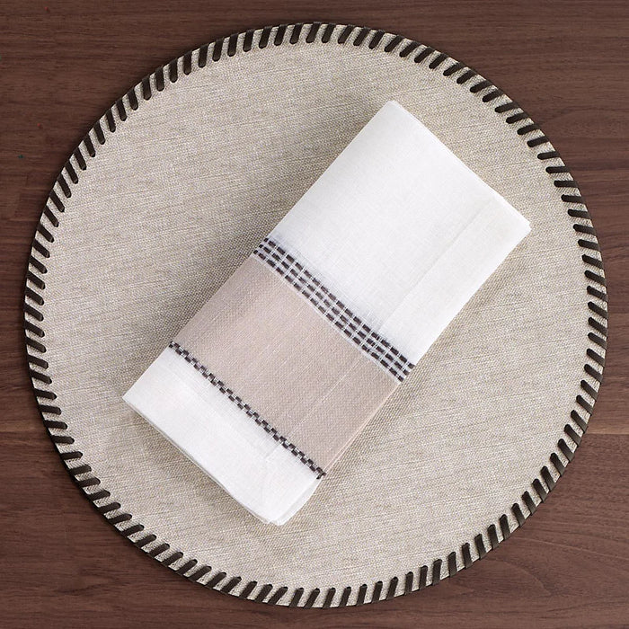 Whipstitch Round Vinyl Placemats with Leather Trim - Beige | Set of 4