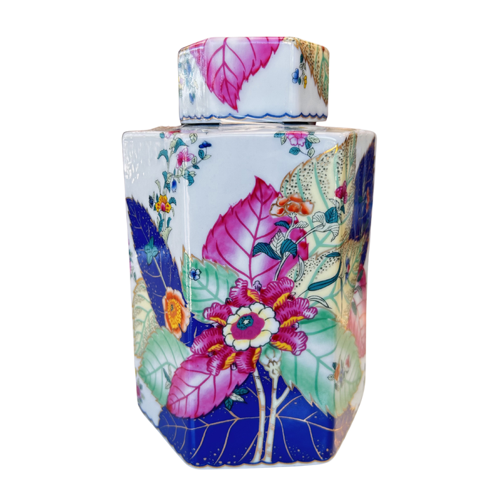 Decorative porcelain jar with Tobacco Leaf design on a white background