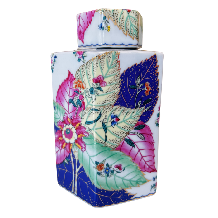 Tobacco Leaf Porcelain Hexagonal Jar on a white background
