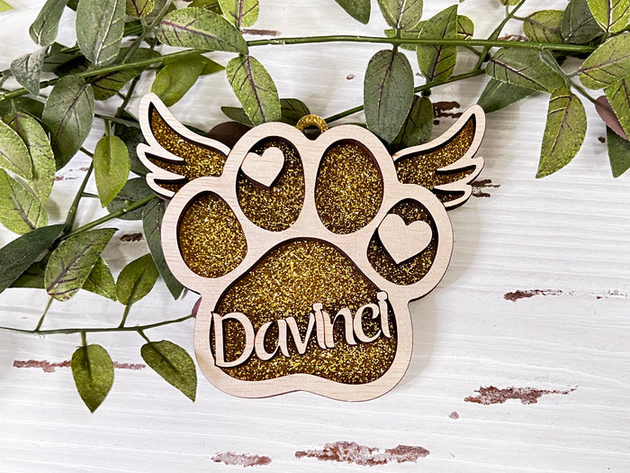 WOOD - Gold memorial PAW pet custom layered ornament with wood and acrylic